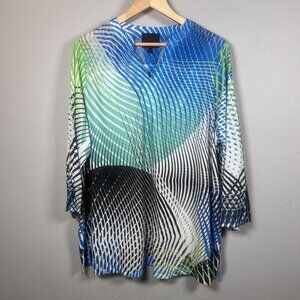 French Blue Blouse Zig Zag Print V-Neck 3/4 Sleeve Asymmetric Hem Women’s 2X
